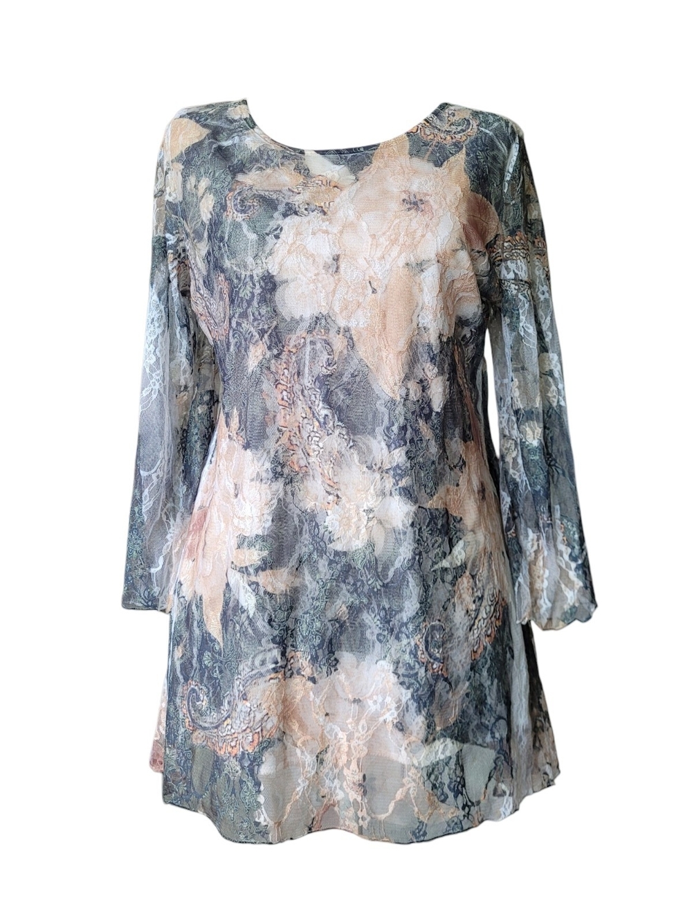 Floral Lace Overlay Asymmetric Hem Long Sleeve Top Paisley Boho Fairycore Large